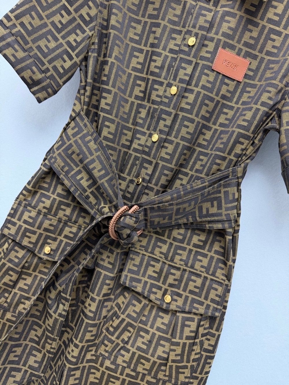 Fendi Brown FF Logo Short-Sleeve Shirt Dress with Belt - Picture 6 of 8